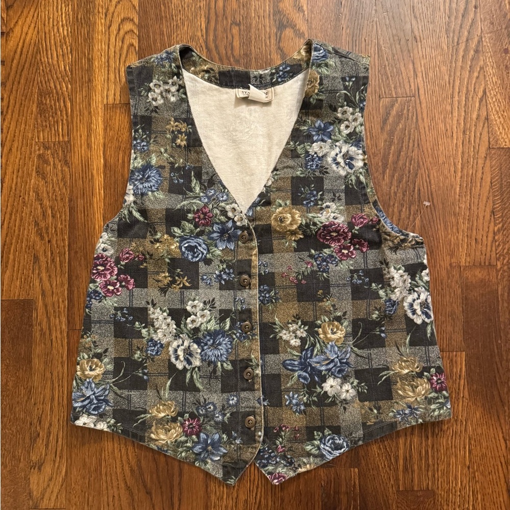 Vintage Stampede 90s Womens Floral Cabbage Rose Check Vest Size M